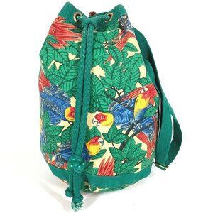 HERMES vintage Bird pattern Drawstring Shoulder Bag cotton Green/Multicolore